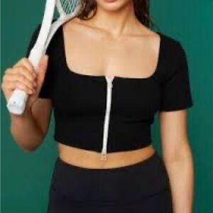 Oak + Fort Black Square Neck Crop Top with Zipper